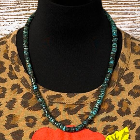 NATIVE AMERICAN Sterling Silver & Hubei Turquoise Beaded Heishi Necklace 23.5" - Picture 4 of 4